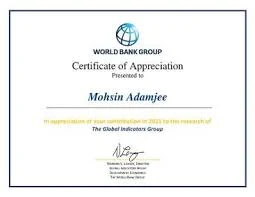 World Bank Group Certificate of Appreciation presented to Mohsin Adamjee for contribution to the Global Indicators Group