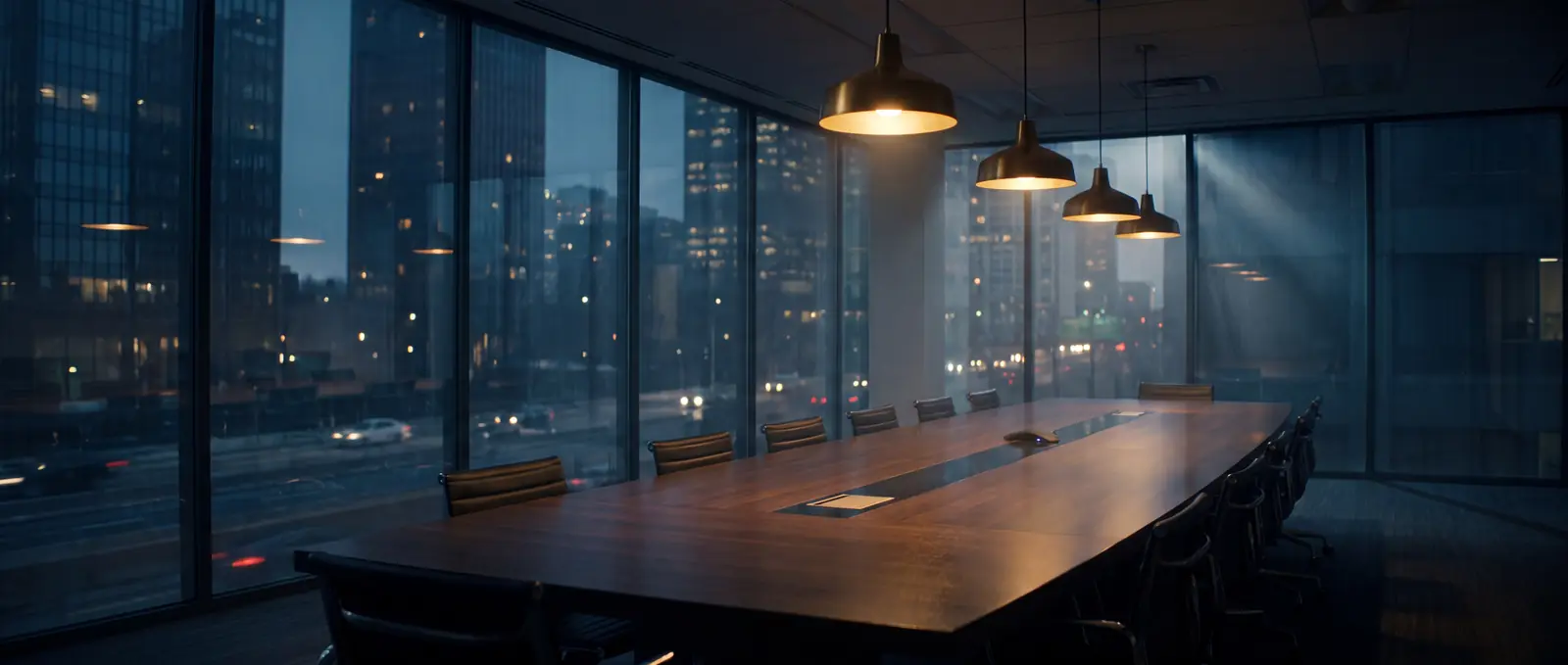 Executive boardroom at blue hour overlooking a glowing skyline
