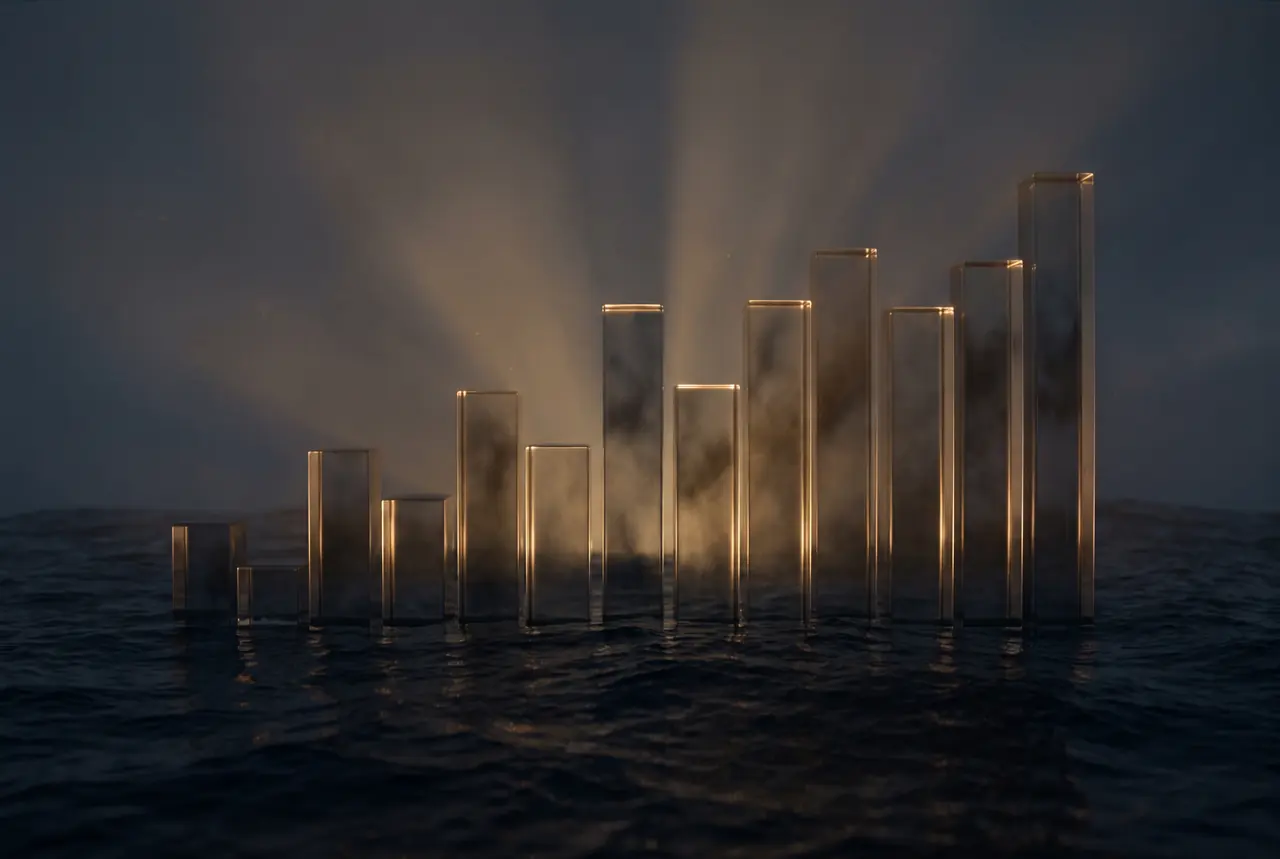 Glass columns rising like a bar chart