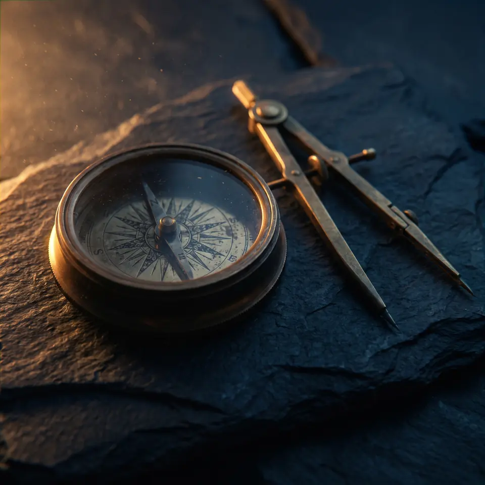 Brass navigation compass on slate
