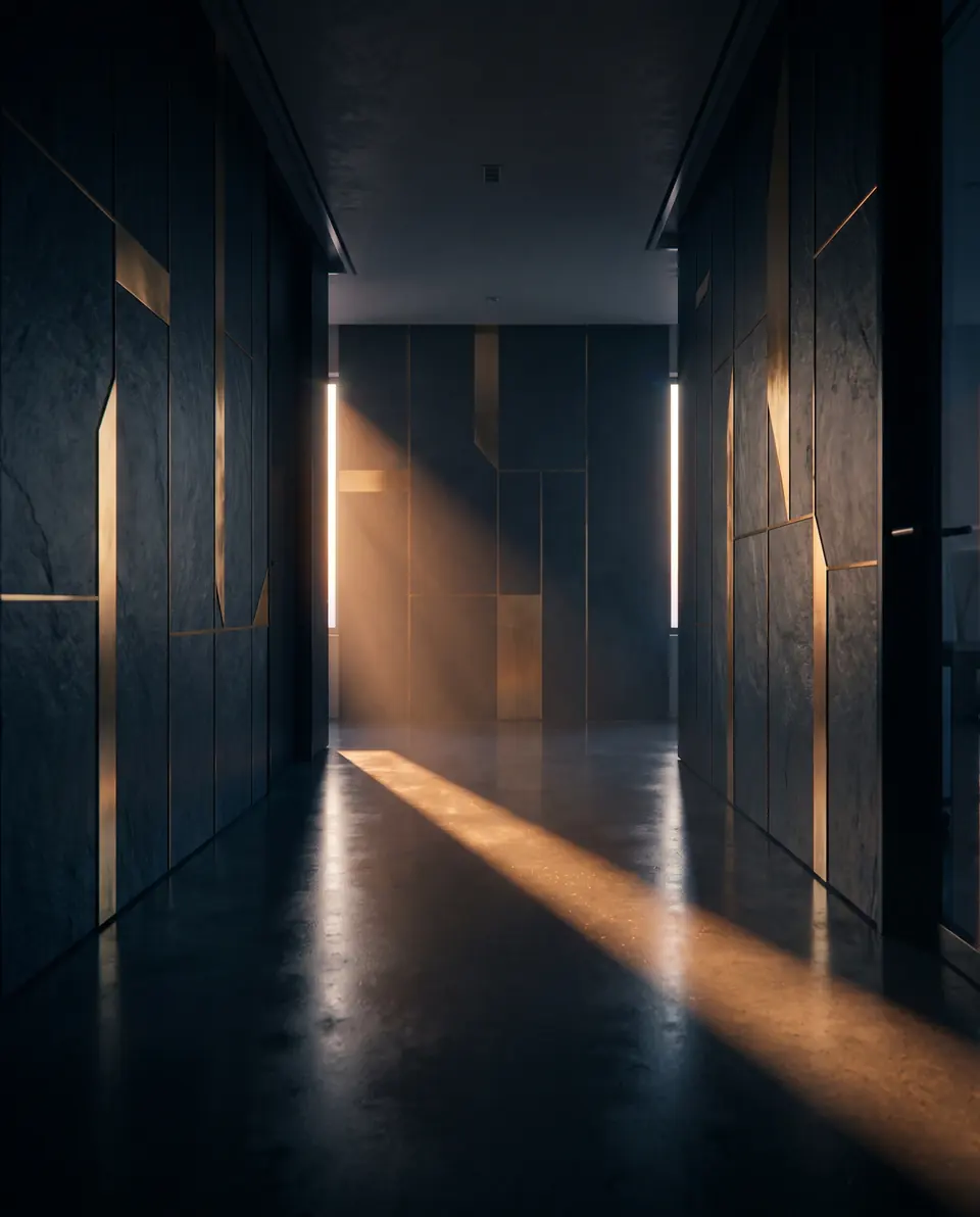 Slate corridor with brass inlays catching the evening light